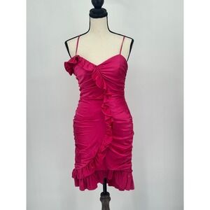 Betsey Johnson Vintage Y2K Silk Ruched Ruffle Mini Dress Pink 2